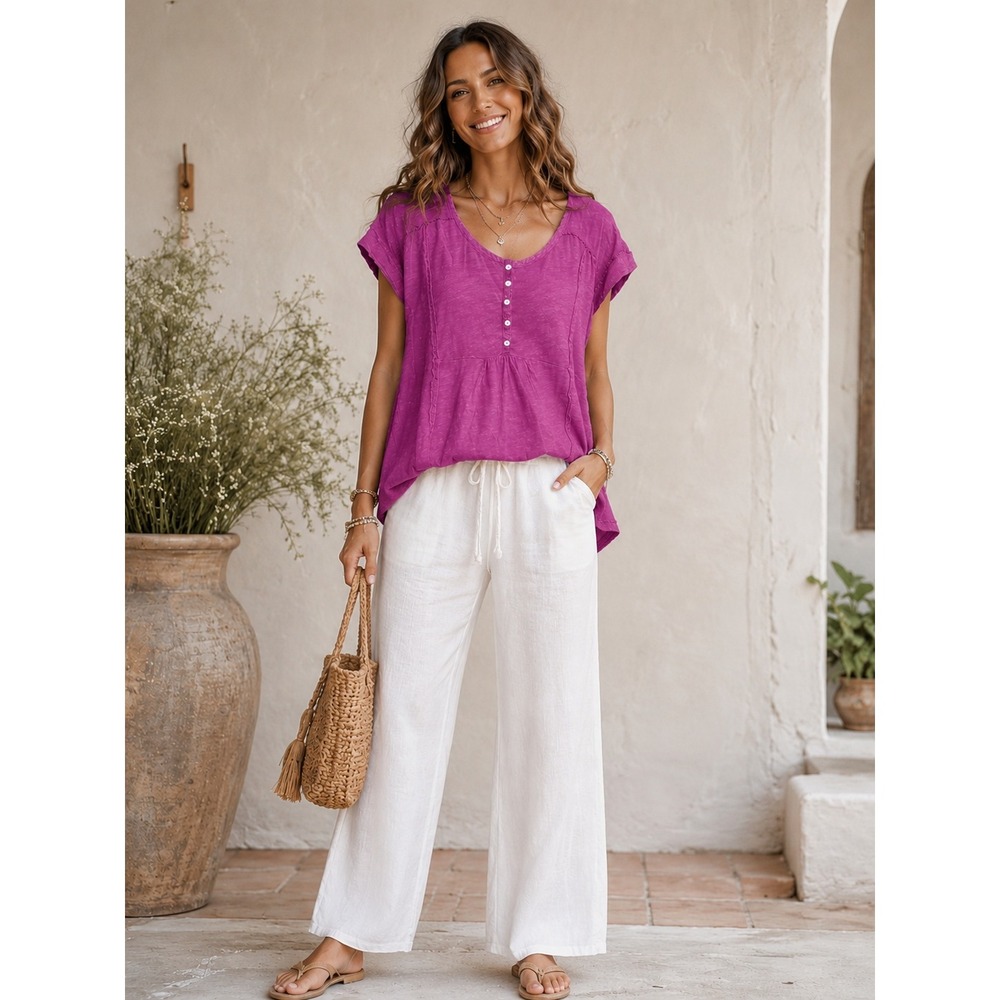 Eri + Ali Anthropologie Pink Cotton Barbiecore Top Euro Summer Bohemian Size M